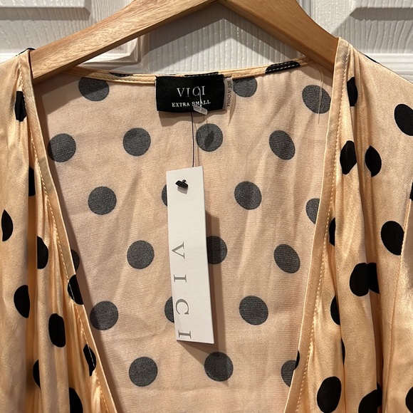 New Vici Polka Dot Satin Wrap Dress - Picture 6 of 9